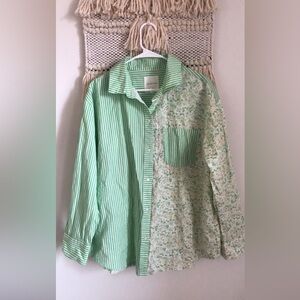Avec Les Filles Floral Striped Two Tone Oversized Button Down Shirt Green Large